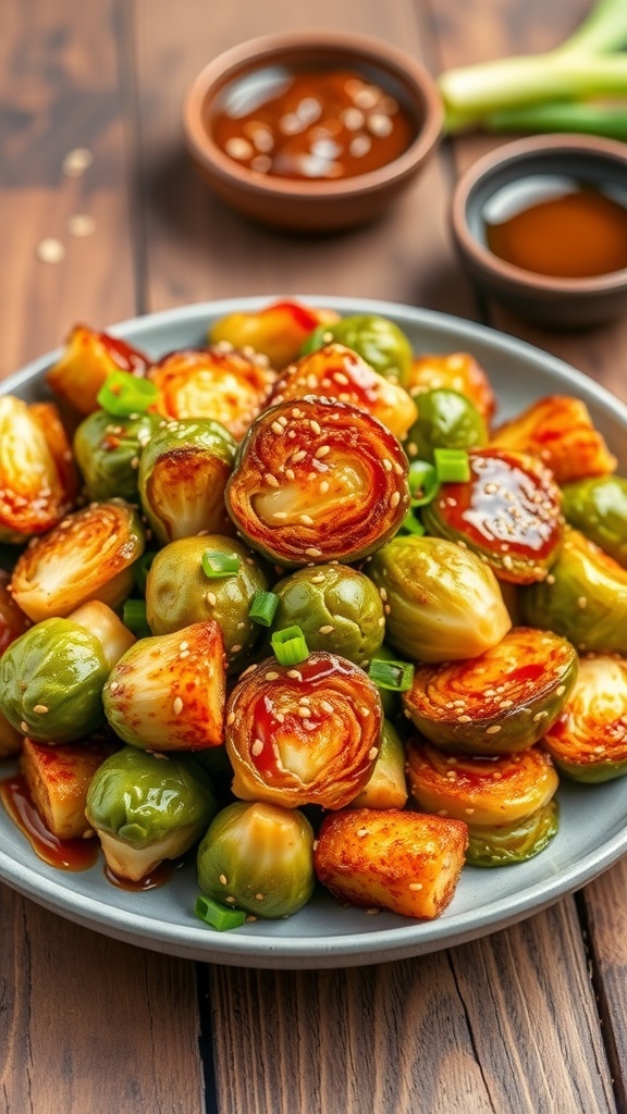 Crispy Air Fryer Brussels Sprouts with Miso Glaze Crispy Brussels sprouts with miso glaze, garnished with sesame seeds and green onions on a wooden table.